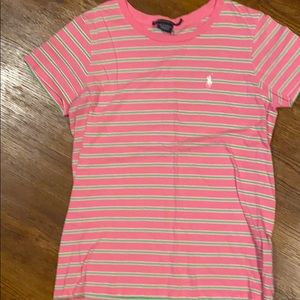 Pink white and lime green striped Ralph Lauren tee